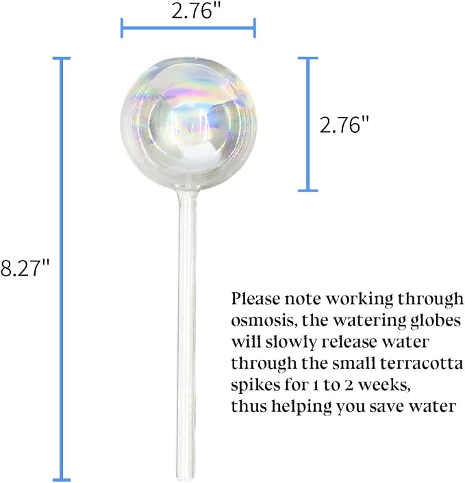 HyJeryty Non-Clogging Iridescent 2 Pack Ball Plant Watering Globes with Terracotta Spikes, Hand Blown Glass Self Watering Planter Insert Plant Watering Devices Bulbs for Indoor and Outdoor Plants