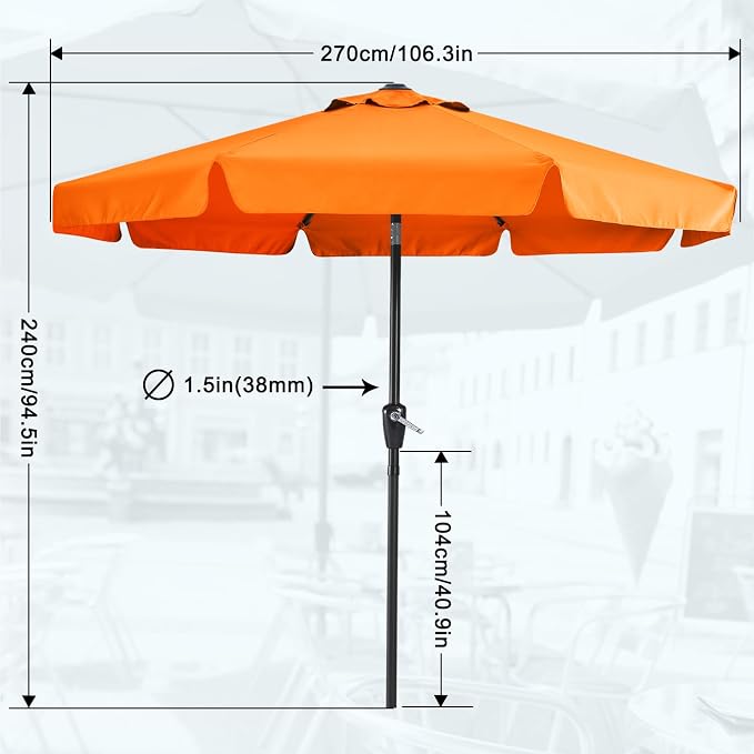 MASTERCANOPY 9ft Patio Umbrella with Valance, Crank and Tilt – 8 Ribs Outdoor Market Umbrella, UV/Fade Resistant, Waterproof Canopy with Wind Vent for Garden, Deck, Backyard, Pool (Orange)