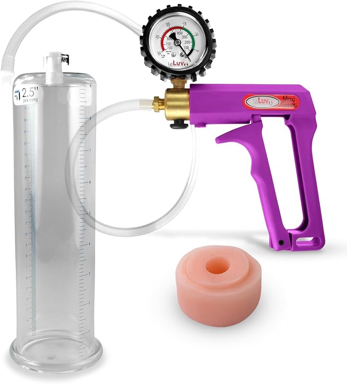 LeLuv Maxi Penis Pump - Purple Handle + Clear Hose, Protected Gauge - Bundle with Silicone Donut Seal - 9" Length x 2.50" Diameter Round-Flange Cylinder