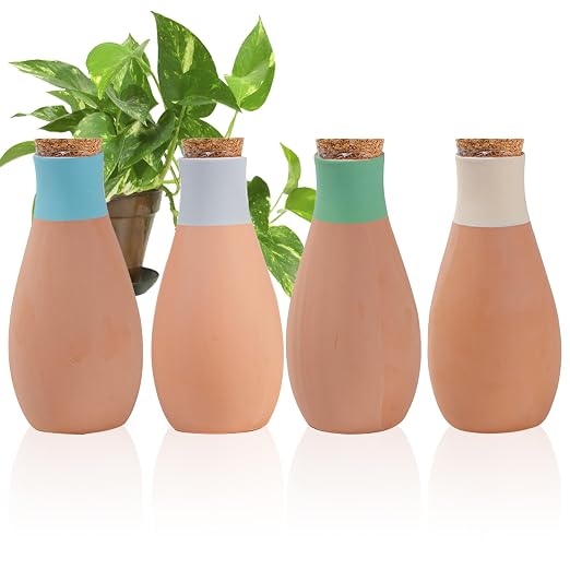 Terracotta Watering Spikes, 4 Pack Plant Watering Devices Self Watering Spikes Vacation Clay Watering Stakes Garden Plant Watering Globes for Indoor & Outdoor Plants