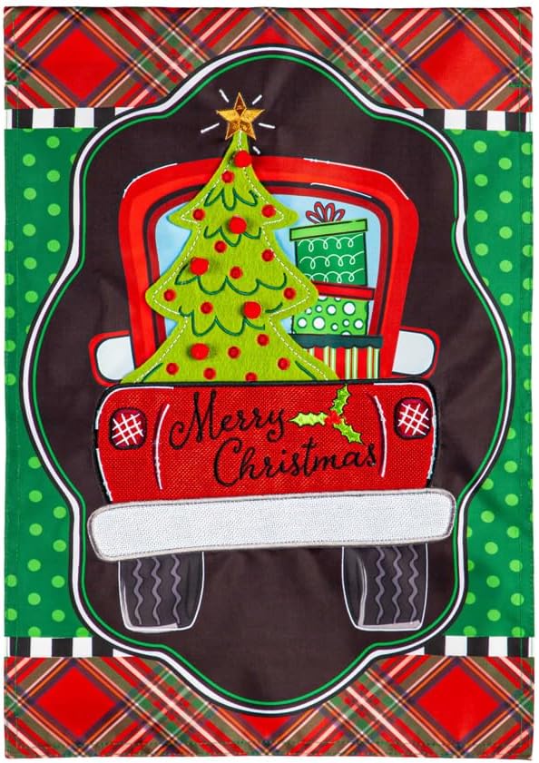 Evergreen Flag Patterned Christmas Truck Applique Garden Flag | 12x18 Inches Double Sided Christmas Garden Flag for Outside | Weather and Fade Resistant | Outdoor Flag Décor for Home, Yards and