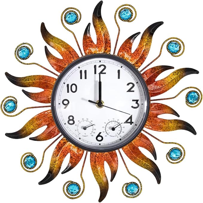 Sun Outdoor Clock with Thermometer and Hygrometer Combo, Silent No-Ticking Outdoor Wall Clock, Waterproof Quartz Clock for Patio, Living Room, Kitchen, Garden, 13 Inch | Silent No-Ticking, Easy to Read, Quartz Clock Waterproof, Decor for Patio, Living ...