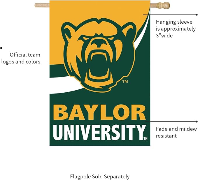 NCAA Baylor University House Flag, 28 x 44, Double Sided Garden Flags for Outside, Outdoor College Flags & Banners for Gardens Patio, Indoor Wall Decor Flag for Room