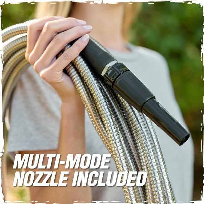 RUGGED RHINO Metal Garden Hose with Spray Nozzle, 50FT, 304 Stainless Steel, 750 PSI Burst Strength, Heavy Duty Flexible Water Hose, Kink Resistant, Leakproof for Yard, Lawn and Outdoor Use, Silver