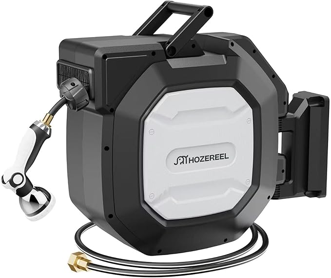 1/2" x 100+6 FT Heavy Duty Retractable Garden Hose Reel by HOZEREEL, Outdoor Garden Hose Reels - Self Retract Wall Mount Hose Reel Automatic Storage, Any Length Lock, 10 Pattern Nozzle Black