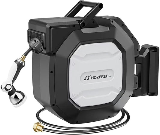 1/2" x 100+6 FT Heavy Duty Retractable Garden Hose Reel by HOZEREEL, Outdoor Garden Hose Reels - Self Retract Wall Mount Hose Reel Automatic Storage, Any Length Lock, 10 Pattern Nozzle Black