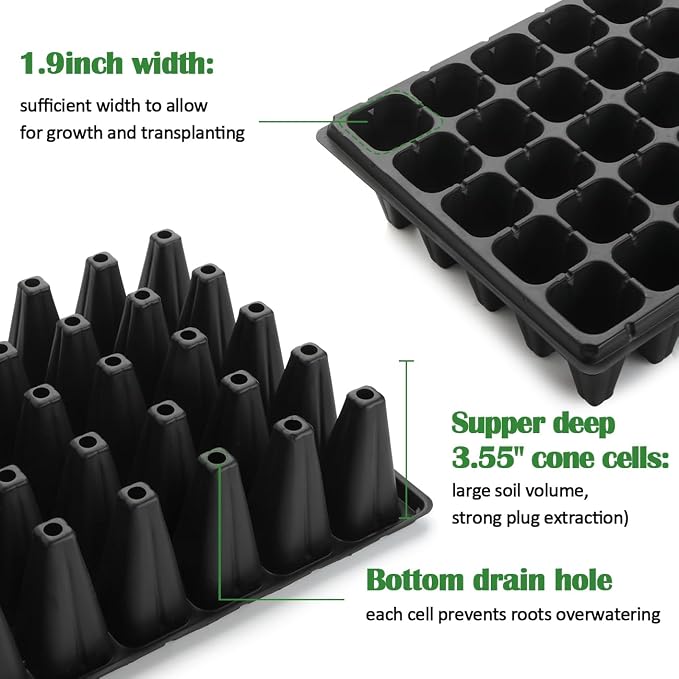 RooTrimmer 50-Pack Extra-Deep 50 Cell Seed Starter Trays, 3.55" Cone-Shaped Plug Trays for 1020 Flats, Heavy-Duty Plastic Germination Trays for Greenhouse, Garden & Urban Farming