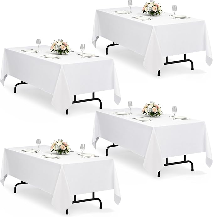 Decorelia White Washable Table Cloths for 6 Ft Rectangle Tables-4 Pack, Washable Polyester Rustic Faux Linen Rectangular Table Cloth Cover for Wedding,Outdoor,Events, Party,Banquet,Dining, 60x102 Inch
