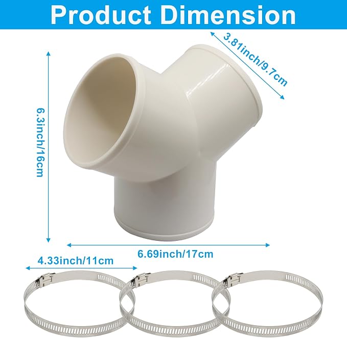 BokWin 4-Inch Duct Splitter, 3 Way Y Shape | White ABS, Duct Connector, 3 Hose Clamps Included, For Exhaust Fan and Dryer Vent Hose