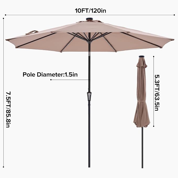 NEWBULIG 10ft Solar Patio Umbrella with 32 LED Lights, Table Market Umbrella with Tilt Adjustment & Crank Lift, Outdoor Sun Umbrella for Garden, Deck, Backyard, Pool and Beach