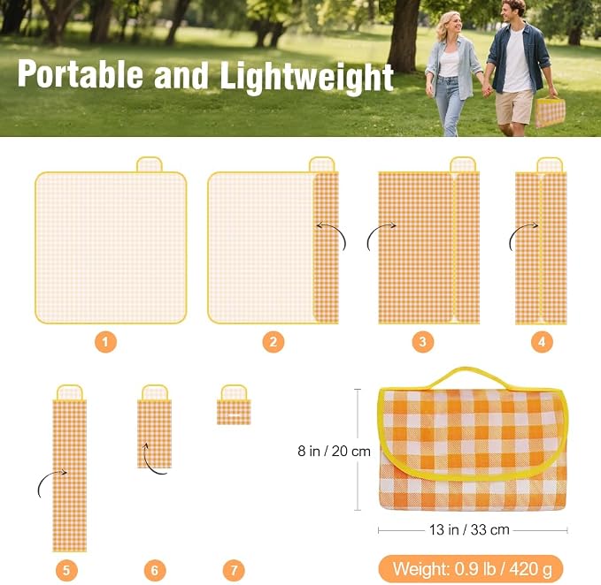 JEPELUS Outdoor Picnic Blanket Waterproof, 79 x 79 Inch Large Picnic Mat Oxford Fabric, Gingham Foldable Beach Blankets Mats for Camping Park Grass Lawn Hiking Family Concerts (Yellow)