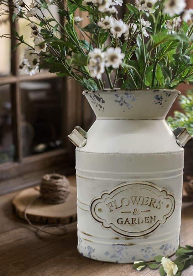 Vintage Rustic Farmhouse Galvanized Metal Shabby Chic Flower Vase Watering Can Tin Jug French Style Bucket Pot Pitcher Flower Holder Vase with Handle for Kitchen Garden Decor —Large,9.8" H