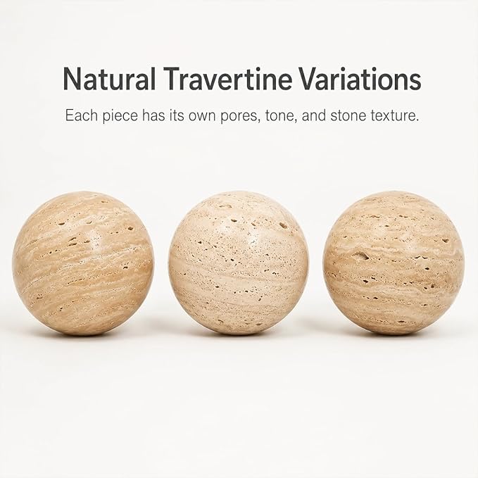 Natural Travertine Decorative Sphere, 4.72 Inch Stone Ball Decor, Hand-Polished Beige Orb Accent for Coffee Table, Console, Shelf and Living Room
