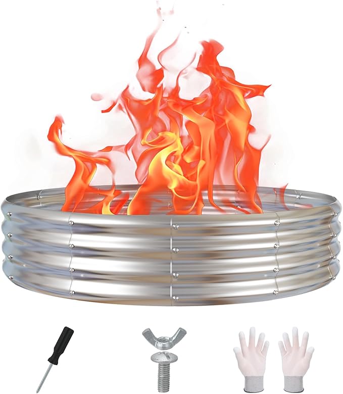 60 Inch Fire Pit Ring 5FT Galvanized Steel Burn Barrel,12" Raised Heavy Duty Wood Burning Fire Pits,Heat Resistant Campfire Ring with Spark Guard, for Outdoor Backyard, Patio & Camping Use