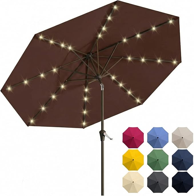 10FT Solar Patio Umbrella with Lights, Outdoor Table Market Umbrella with 32 LED Lights, 8 Sturdy Ribs, Push Button Tilt and Crank for Pool, Deck and Garden, UV-Resistant
