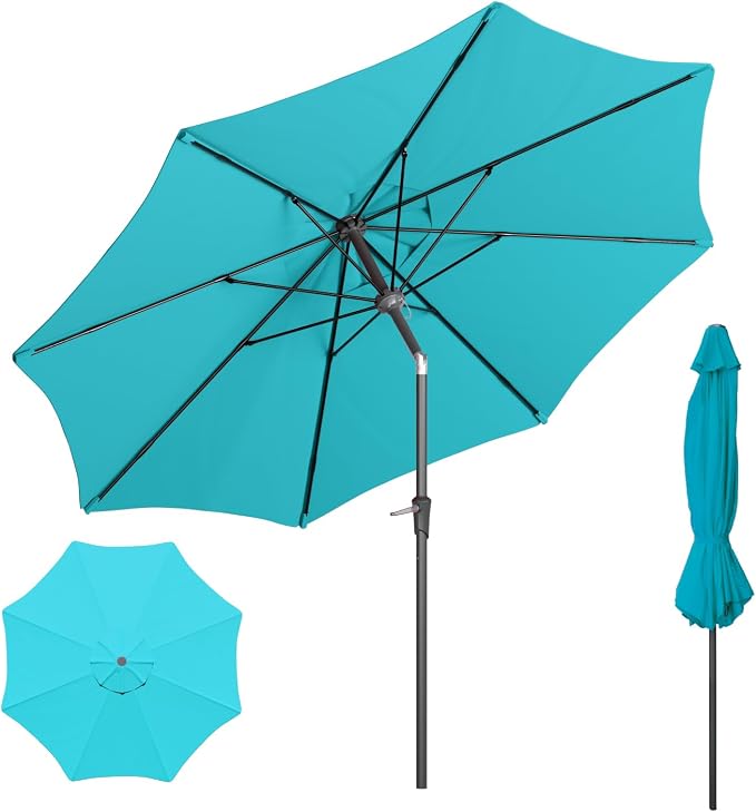 Outdoor Patio Umbrella with One Push Button Tilt and Crank, 8 Sturdy Ribs Market Table Umbrella