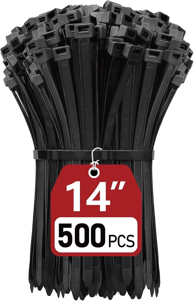 Zip Ties Heavy Duty 14 inch (500 Pack), Heavy Duty Cable Ties with 120 lb Tensile Strength for Outdoor Use, Black Wire Ties, Paloka