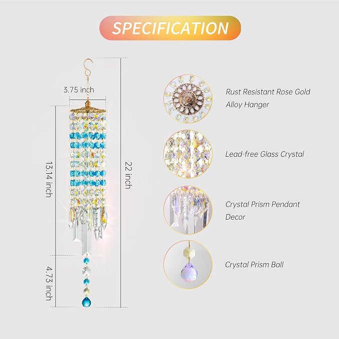 Crystal Wind Chimes Rainbow Suncatcher for Window, Garden, Patio | K9 Crystal Suncatcher, 22 Inches, Creates Rainbows Indoors/Outdoors, Ideal For Gifting, Rose Gold Hooks, Porch/Balcony