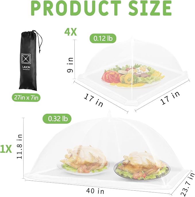 Food Covers, 1 Extra Large (40"X23.7") & 4 (17"X17"), 5 Pack White Mesh Plate Serving Tents, Pop-Up Umbrella Screen Tents, Jumbo Food Net for Outdoor Picnics Parties BBQ, Collapsible Reusable