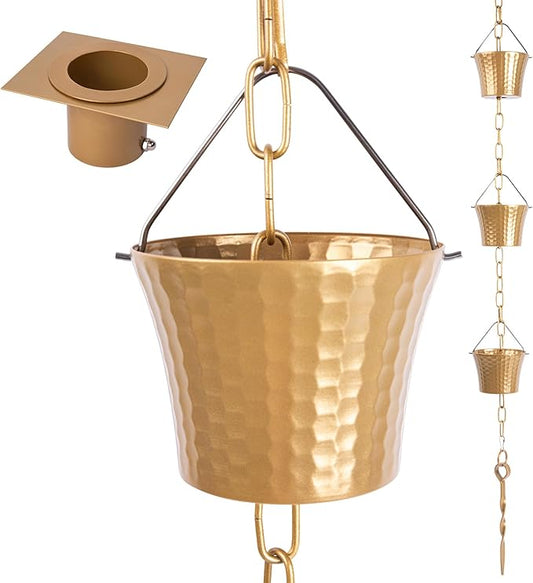 Rain Chain for Outside with Adapter,Wrought Iron Rain Chains Set 8.5 Ft,Not Rust, Gotta Drain with Metals Anchoring Stake, 14 Cups, 1 Hook, Adjustable Gutter Downspout for Outdoor(Gold)