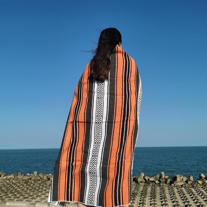 Airooglee Large Mexican Blanket - Perfect as Yoga Blanket, Outdoor Blanket, Beach Blanket, Serape Blanket, Picnic Blanket, Camping Blanket, Boho Home Décor (Orange)