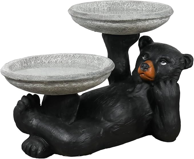 SunJet 18" Fibre Reinforced Concrete Outdoor Birdbath, 2-Tier Black Bear Bird Bath & Bird Feeder, Bird Bath Garden Decor with Dual Basins for Patio, Backyard, Lawn