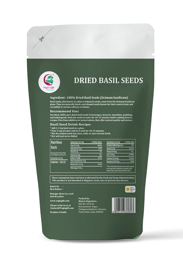 Dried Basil Seeds 8 oz – Sabja/Tukmaria Basil Seeds For Eating – Sweet Basil Seeds for Drinks, Desserts & Daily Use – By Yogi’s Gift®