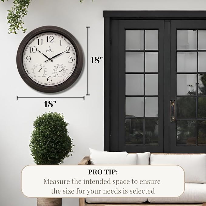 18 inch Outdoor Clocks for Patio Large Waterproof with Thermometer - Black Indoor Outdoor Clock with Temperature and Humidity for Wall - Weatherproof, Accurate & Easy to Read for Pool, Patio & Garden