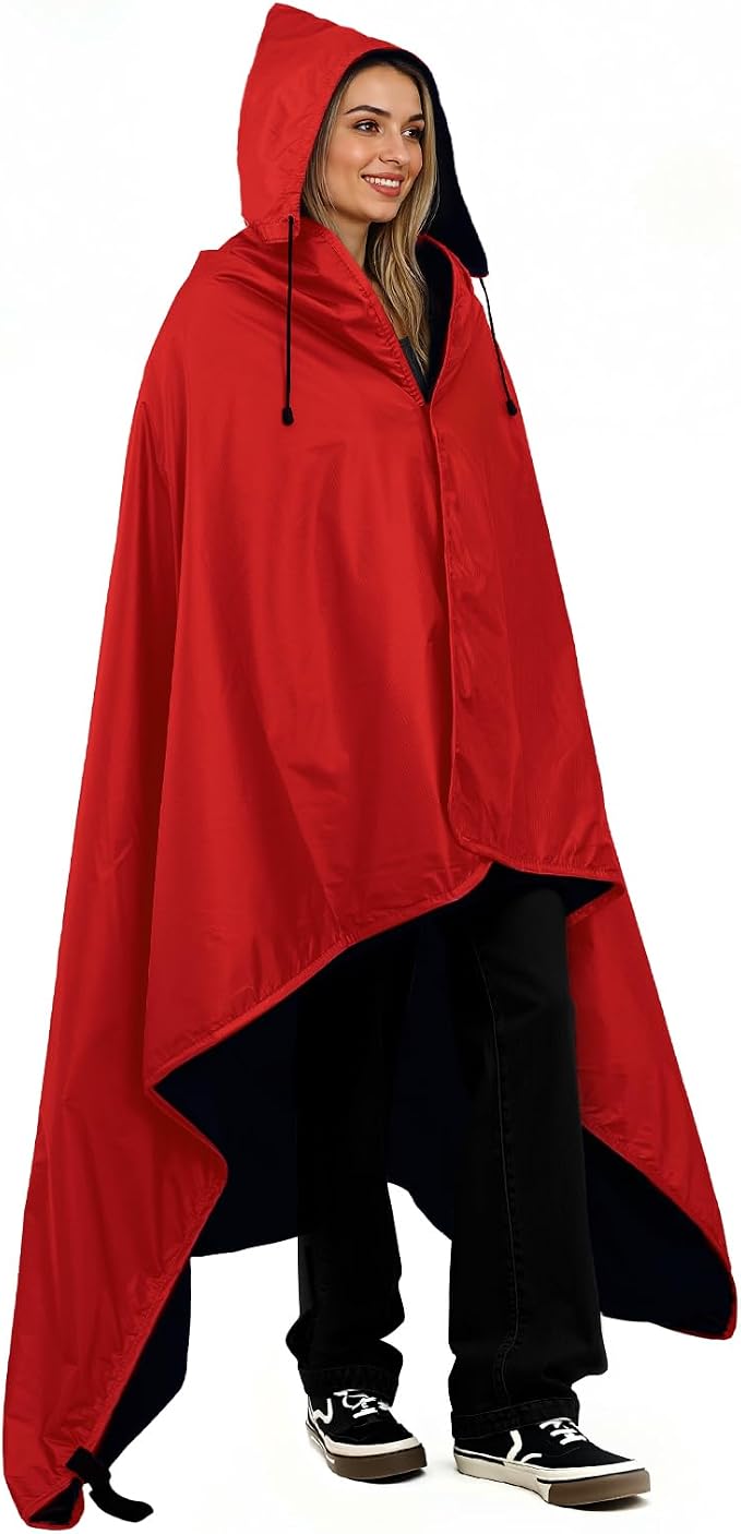 Large Waterproof Outdoor Picnic Blanket 80"x 58" | Windproof Lightweight Stadium Blanket, Packable, Stay Dry and Comfortable for Camping, Sports, Travel - Red Hooded