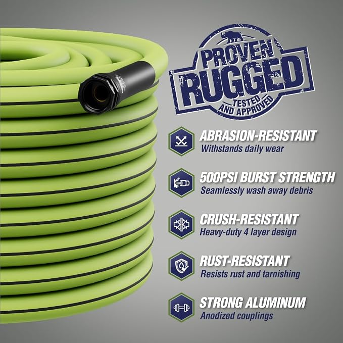 RUGGED RHINO Heavy Duty Garden Hose 75ft x 5/8in, Anti-Kink and Leakproof, Durable 4-Layer Construction, 500 PSI Burst, All Weather Outdoor Watering for Lawn, Garden, Flowers, Green and Black
