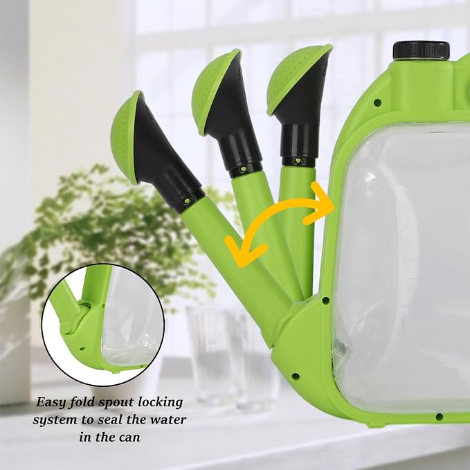 4L Foldable Watering Can with Rotating Nozzle & Long Spout for Plants, Indoor Outdoor Gardening, Clear Plastic-Green