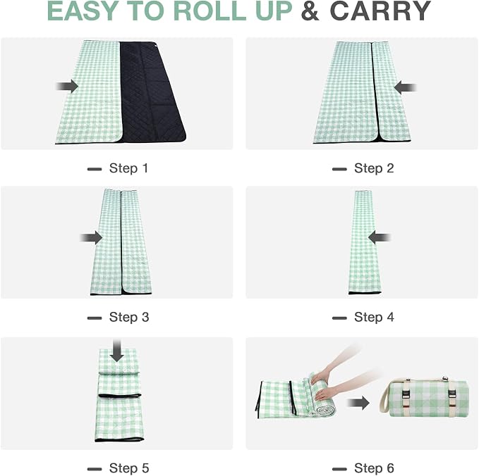 WILLOW WEAVE Picnic Blanket, 80''x80'' Waterproof Outdoor Blankets, Picnic Mat Washable for Beach, Picnic Blankets for Camping on Grass with Shoulder Strap - Green & White