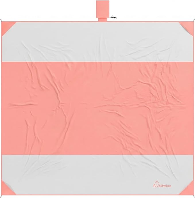 Wolfwise 108" × 120" XXL Beach Blanket, Waterproof & Sandproof Picnic Mat with 4 Sand Pockets & 4 Stakes, Windproof Outdoor Camping Beach Mat, Lightweight, Fits 8 People, Pink