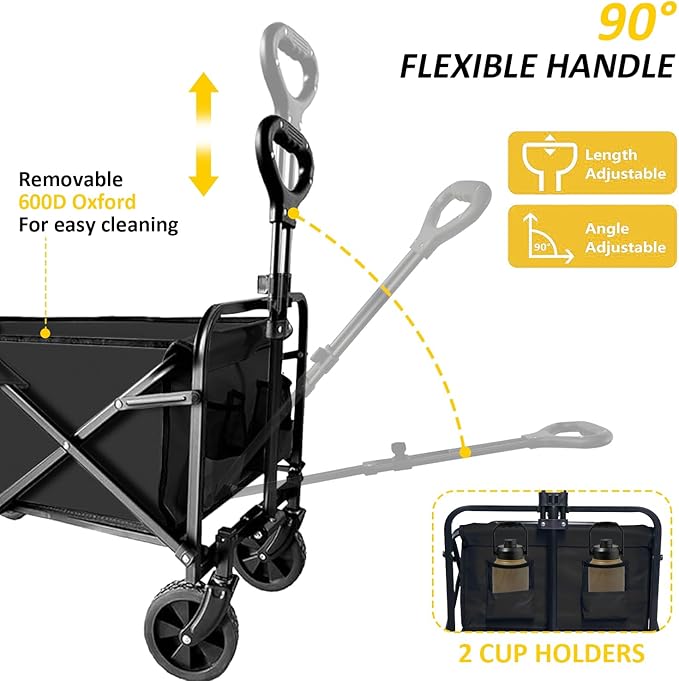 Collapsible Utility Cart Folding Wagon, 320lbs Capacity Lightweight Rolling Cart with Quiet Wheels, Quick-Fold Design for Camping, Shopping, Ourdoor Use,Black 2PCS