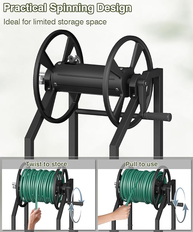 4-Spike Garden Hose Reel with 3.9ft Leader Hose & Stainless Fitting, Outdoor Hose Holder holds 125ft Hose of 5/8", Freestanding Metal Hose Stand for Outside Yard Lawn, Black