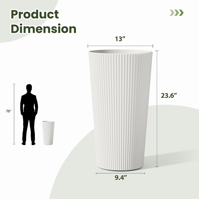 23.6" H Tall Planters for Outdoor Plants Set of 2 - Fluted Large Outdoor Planters for Front Porch Decor with Drainage Hole, Plastic Round Flower Pots Fits Indoor Plants Patio/Garden, White