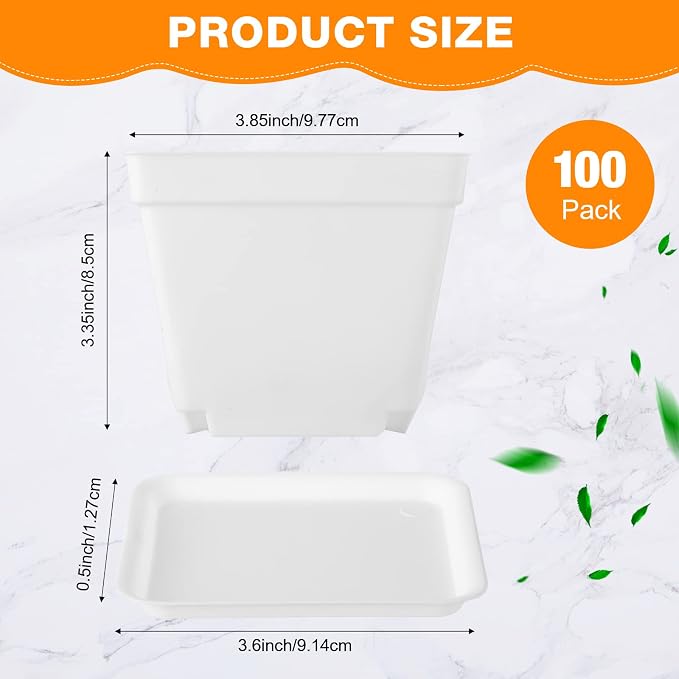 Amyhill 100 Pcs 4 Inch Flower Pots Square Plants Nursery Pot Plastic Plant Seedling Pots Small Nursery Transplanting Planter Container with Saucer for Indoor Succulent Balcony Garden (White)