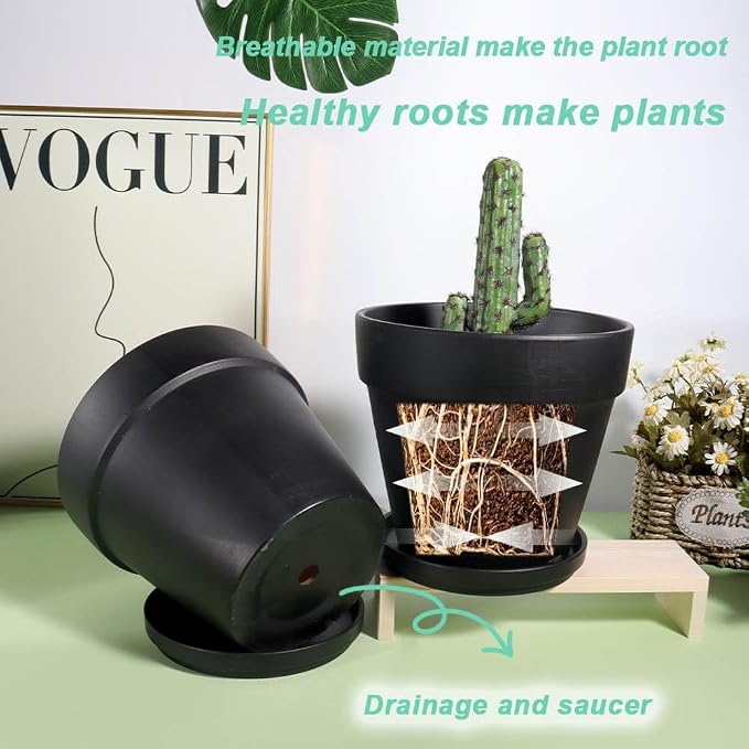 Vensovo 8 Inch Black Clay & Terracotta Pots for Plant with Saucer - 2 Pack Large Ceramic Terra Cotta Planter with Drainage Hole, Clay Flower Pot with Tray for Indoor Outdoor Plants