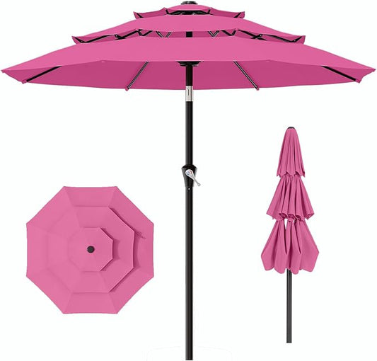 AreShark 9ft 3-Tier Patio Umbrellas, Outdoor Umbrella with 8 Sturdy Ribs UV Protection Windproof, Market Table Umbrella w/Push Button Tilt & Crank for Pool, Porch, Deck, Garden(Rose Pink)