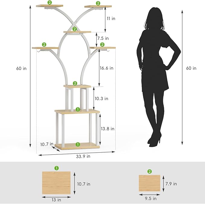 Elbourn 8 Tiered 60" Tall Plant Stand Indoor Shelf with Grow Lights (White) | Corner Shelf Decor