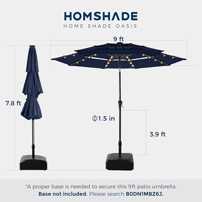 HOMSHADE 3-Tier Patio Umbrella with Solar Lights(Navy Blue,No Base) | 5-Year Fade Resistant;32 LED Lights;Windproof;8 Thicker Ribs;UPF50+;Pool Garden Deck