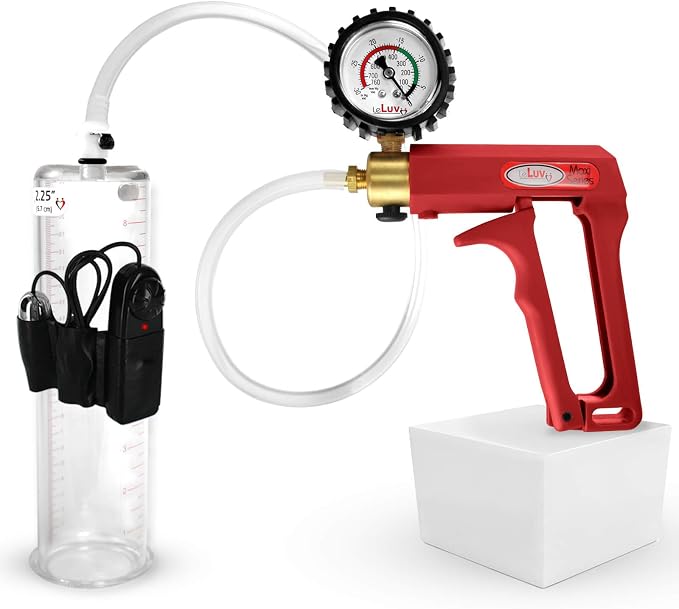 LeLuv Vibrating Penis Pump Maxi Red Handle + Protected Gauge and Clear Hose - 9 inch Length x 2.25 inch Diameter Cylinder