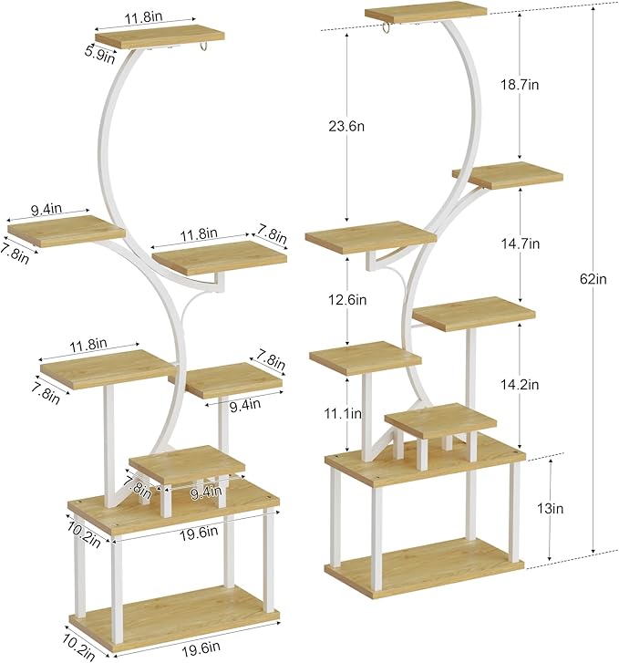 BACEKOLL Plant Stand Indoor with Grow Light - 2 Pack Tall Indoor Plant Shelf, 62" Corner Plant Holder, 8 Tiered Large S-Shape Flower Multiple Display Shelf for Home, White