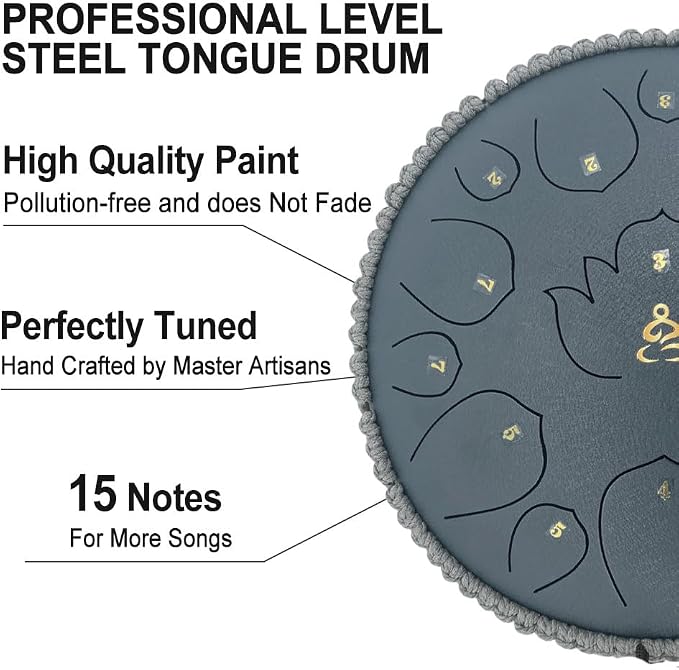 Rain Drum for Outside Garden,13 Inches 15 Notes Steel Tongue Drum with Mallets & Carry Bag Musical Instrument for Adults D Major