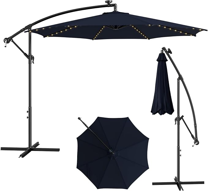 HAPPYGRILL 10FT Cantilever Patio Umbrella with Solar Lights, Outdoor Hanging Offset Umbrella with 112 LED Lights, Tilt Design, Crank Handle, Cross Base Stand for Garden Yard Deck