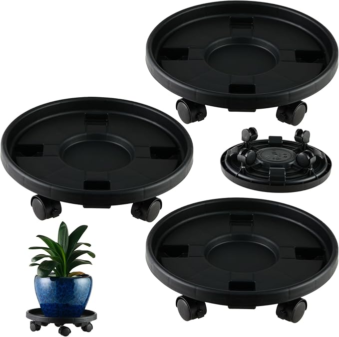 3 Pakcs Large Plant Caddy with Wheels 15.8" Rolling Plant Stands Heavy-duty Plastic Plant Roller Base Pot Movers Plant Saucer on Wheels Indoor Outdoor Plant Dolly with Caster Tray Coaster, Black