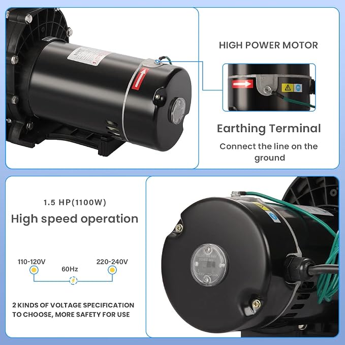 Anbull 1.5HP 6480GPH Pool Pump Inground/Above Ground, Powerful Self-Priming Dual Voltage Swimming Pool Pumps for 15000-31000 Gallons Pools, with Strainer Basket & Drain Plug (1100W/60HZ)