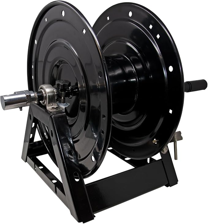 General Pump DHRA50150 3/8" x 150' Black Steel Hose Reel with Flat Sidewalls, A-frame, Pin Lock and Brake and Stainless Steel Swivel Inlet, 5000 Psi (150 Feet Capacity)