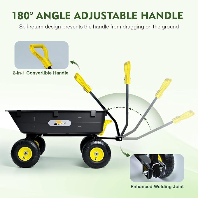 Garden Dump Cart, 5 Cu.Ft. Heavy-Duty Utility Wagon with 950lbs Capacity, 10" All Terrain Tires, 180° Rotating 2-in-1 Convertible Handle, for Yard, Lawn, and Outdoor Use