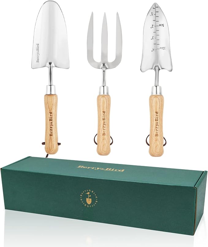 Berry&Bird Garden Tool Set- 3PCS Stainless Steel Gardening Tool Sets with Wooden Handle Trowel Weeding Fork & Digging Shovel Hand Tool Kit for Planting, Ideal Gardening Gift for Women & Men
